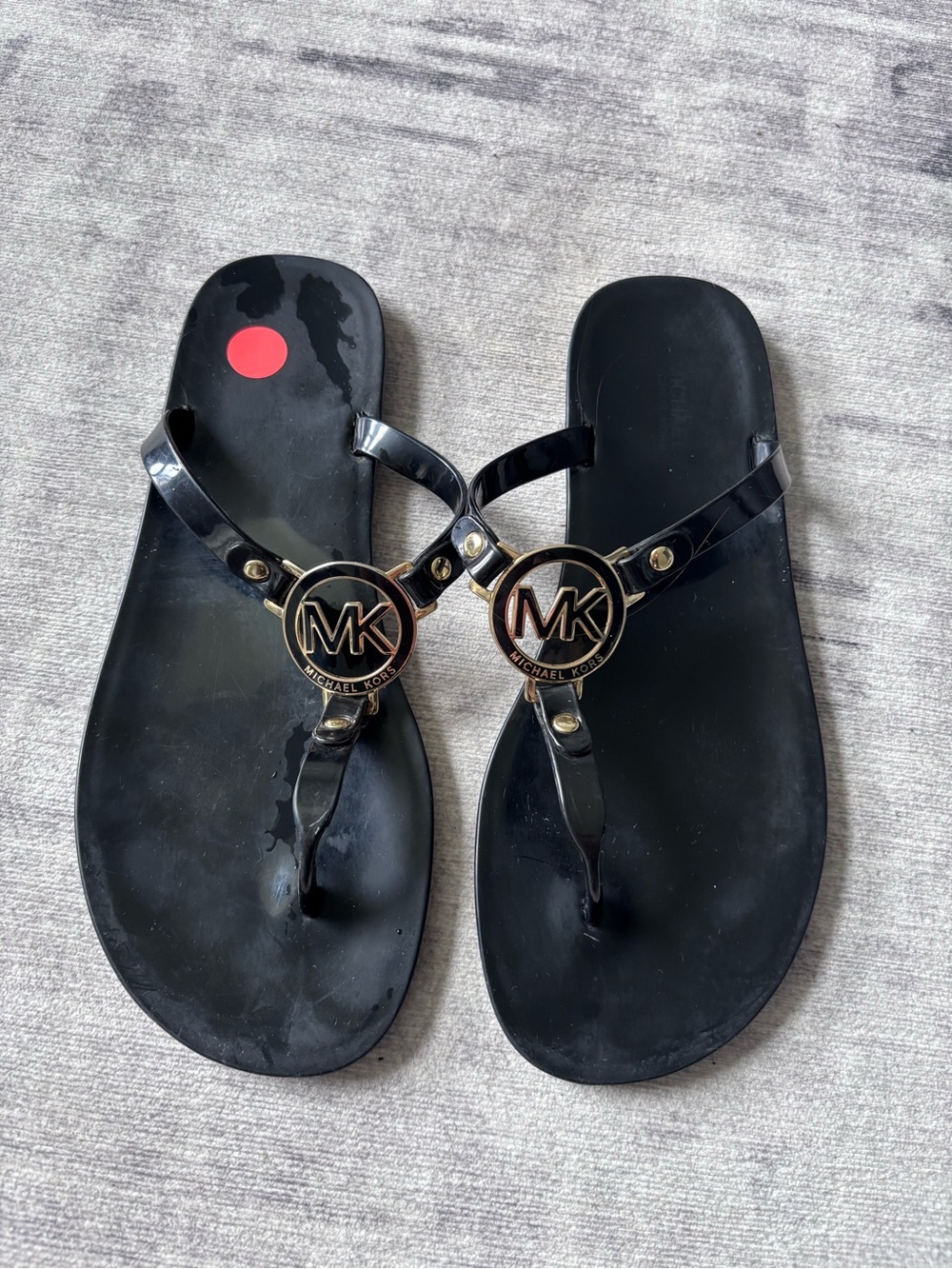 Michael Kors Black Jelly Thong Sandals with Gold MK Emblem